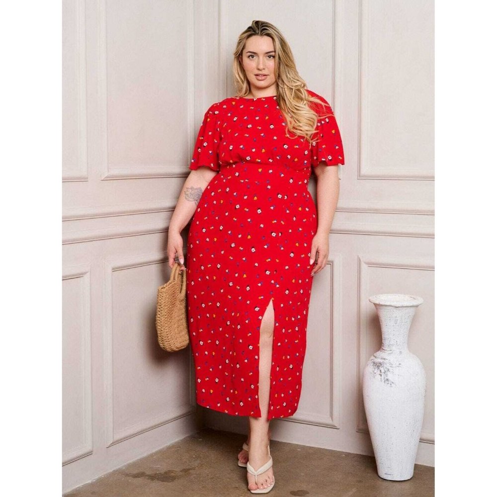Red Floral Midi Dress with Front Slit - Women